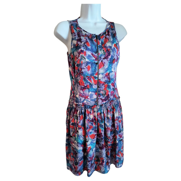 Theory Silk Watercolor Mini Dress Women's Size 0 Blue Sleeveless Side Pockets - Picture 4 of 16